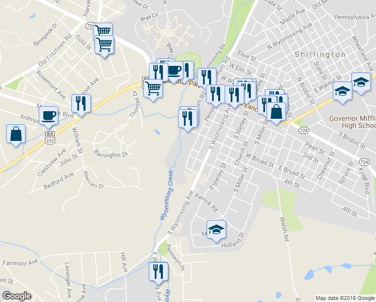 map of restaurants, bars, coffee shops, grocery stores, and more near 401 Madison Street in Reading