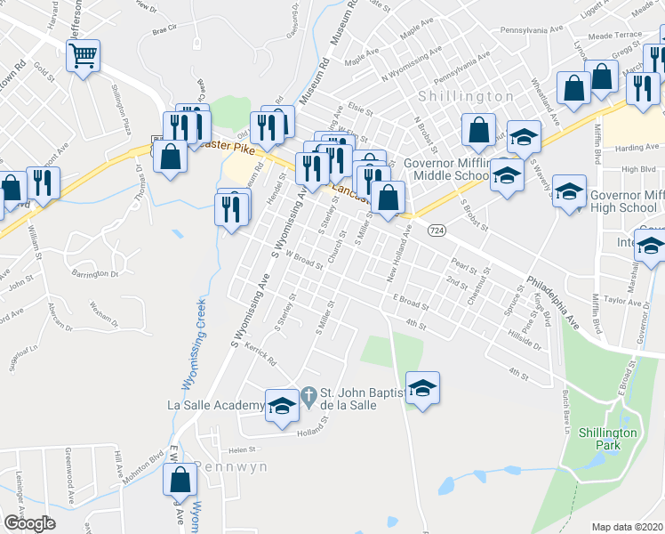 map of restaurants, bars, coffee shops, grocery stores, and more near 125 Church Street in Shillington