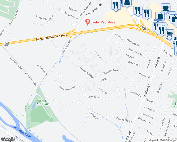 map of restaurants, bars, coffee shops, grocery stores, and more near 19-3 Cranberry Ridge in Reading