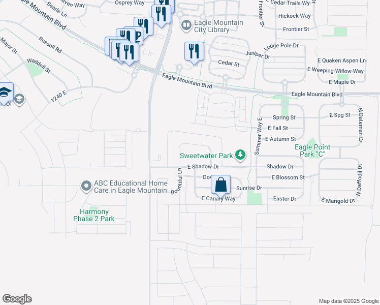 map of restaurants, bars, coffee shops, grocery stores, and more near 1673 Slow Water Way in Eagle Mountain