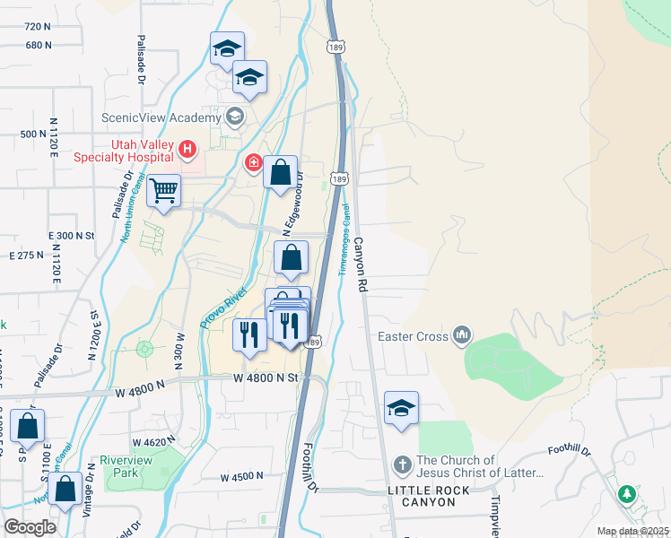 map of restaurants, bars, coffee shops, grocery stores, and more near 5176 North University Avenue in Provo