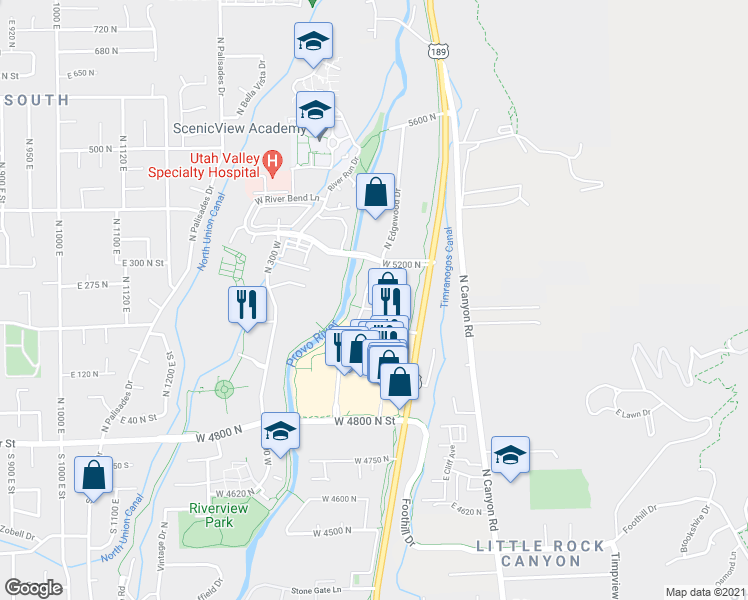 map of restaurants, bars, coffee shops, grocery stores, and more near 155 North River Park Way in Provo