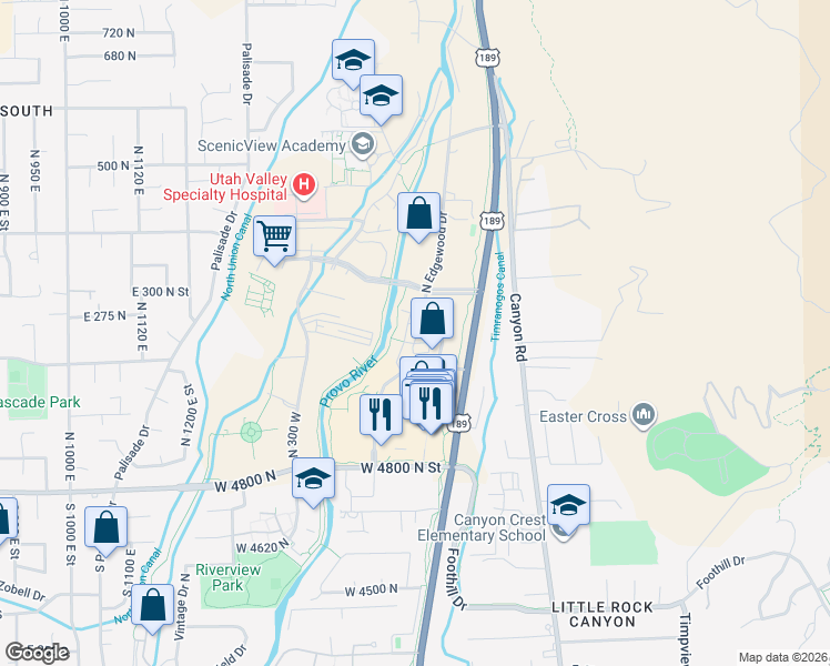 map of restaurants, bars, coffee shops, grocery stores, and more near 155 North River Park Way in Provo