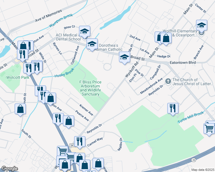 map of restaurants, bars, coffee shops, grocery stores, and more near 55 Wyckoff Road in Eatontown