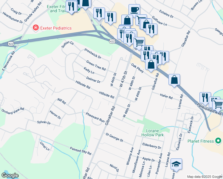 map of restaurants, bars, coffee shops, grocery stores, and more near 207 West 46th Street in Reading