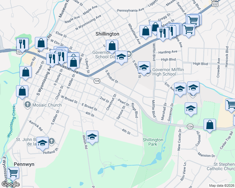 map of restaurants, bars, coffee shops, grocery stores, and more near 134 Philadelphia Avenue in Shillington