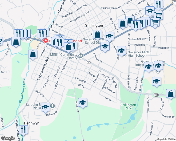 map of restaurants, bars, coffee shops, grocery stores, and more near 26 Franklin Street in Shillington