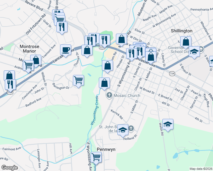 map of restaurants, bars, coffee shops, grocery stores, and more near 200 Hendel Street in Shillington
