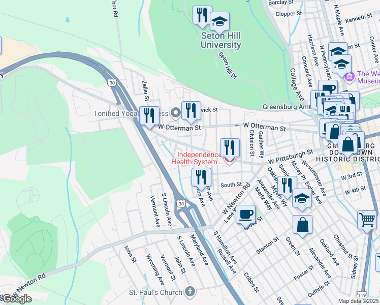 map of restaurants, bars, coffee shops, grocery stores, and more near 704 West Pittsburgh Street in Greensburg