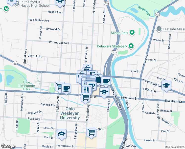 map of restaurants, bars, coffee shops, grocery stores, and more near 94 North Sandusky Street in Delaware
