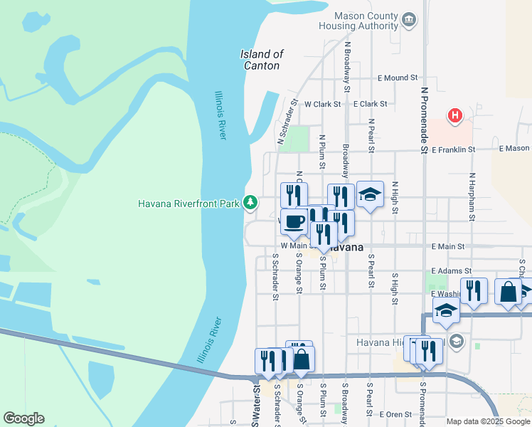 map of restaurants, bars, coffee shops, grocery stores, and more near 431-499 West Jefferson Street in Havana
