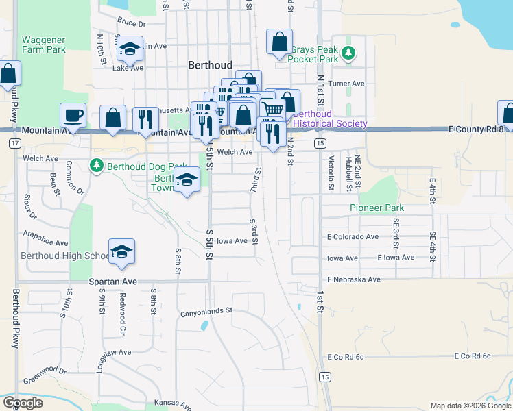map of restaurants, bars, coffee shops, grocery stores, and more near 152 Third Street in Berthoud