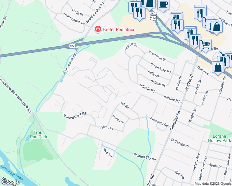 map of restaurants, bars, coffee shops, grocery stores, and more near 38-5 Cranberry Ridge in Reading