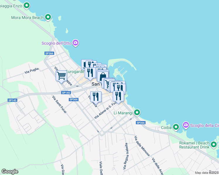map of restaurants, bars, coffee shops, grocery stores, and more near 4 Via Quarto in San Foca