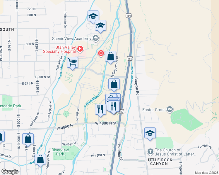 map of restaurants, bars, coffee shops, grocery stores, and more near 155 North River Park Way in Provo