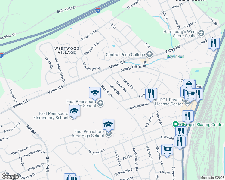 map of restaurants, bars, coffee shops, grocery stores, and more near 72 Oliver Road in Enola