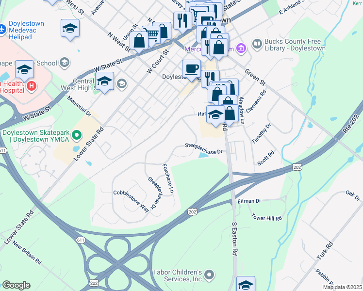 map of restaurants, bars, coffee shops, grocery stores, and more near 36 Steeplechase Dr in Doylestown