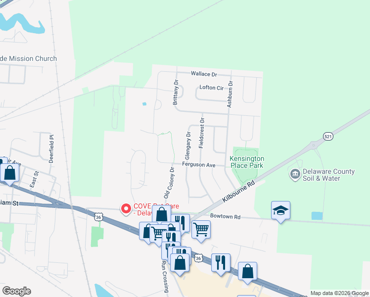 map of restaurants, bars, coffee shops, grocery stores, and more near 135 Glengary Drive in Delaware
