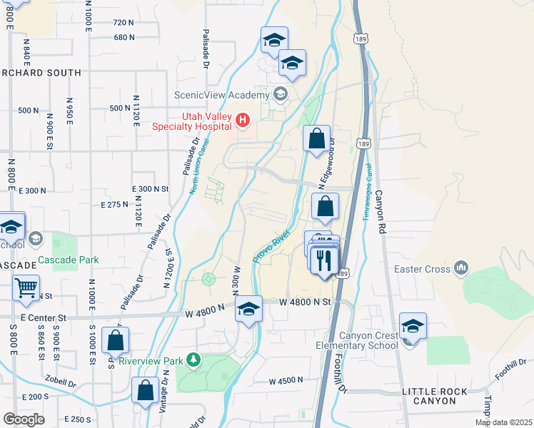 map of restaurants, bars, coffee shops, grocery stores, and more near 5102 North 300 West in Provo