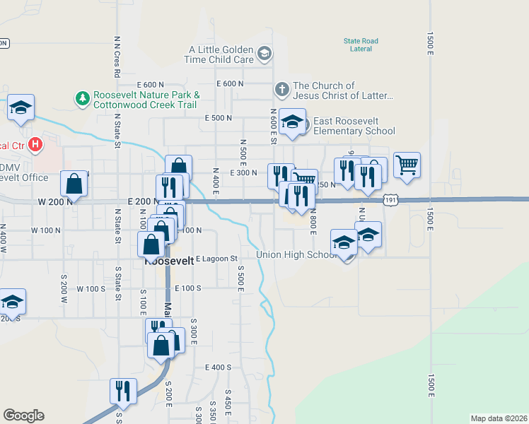 map of restaurants, bars, coffee shops, grocery stores, and more near 559 East Harmston Avenue in Roosevelt