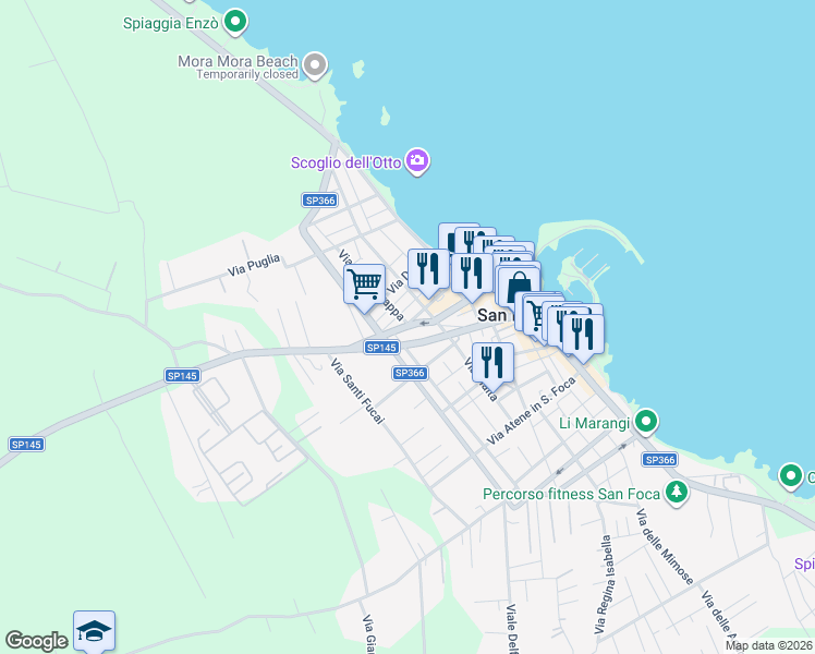 map of restaurants, bars, coffee shops, grocery stores, and more near 112 Via Duca Degli Abbruzzi in San Foca