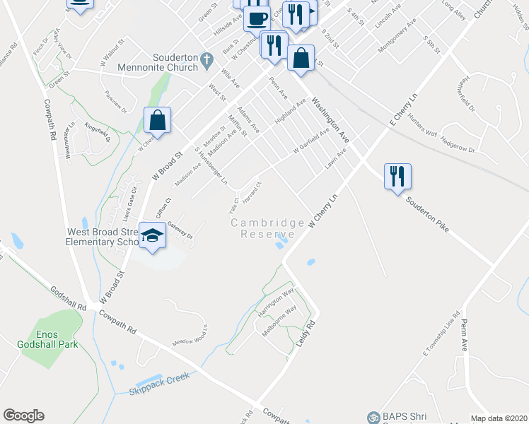 map of restaurants, bars, coffee shops, grocery stores, and more near 210 Yale Court in Souderton