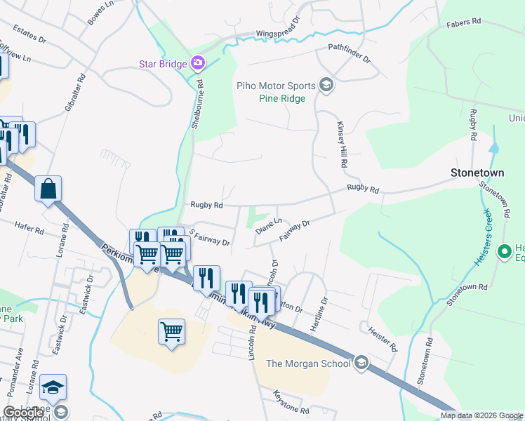 map of restaurants, bars, coffee shops, grocery stores, and more near 191 Rugby Road in Birdsboro
