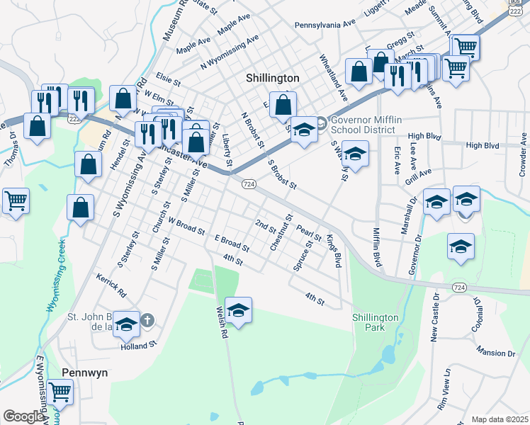map of restaurants, bars, coffee shops, grocery stores, and more near 26 Franklin Street in Shillington
