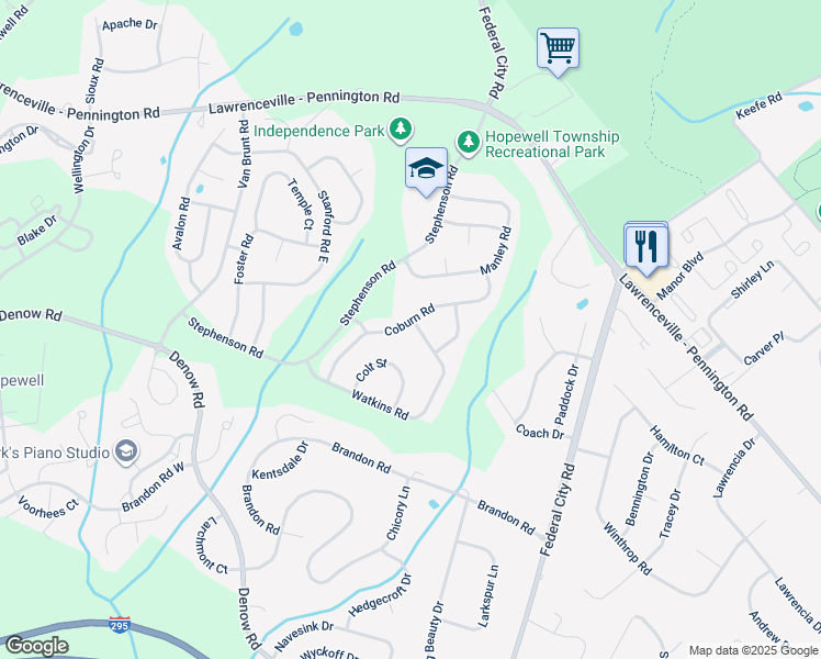 map of restaurants, bars, coffee shops, grocery stores, and more near 371 Watkins Road in Pennington