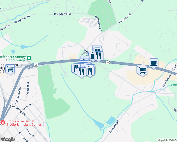 map of restaurants, bars, coffee shops, grocery stores, and more near 5256 U.S. 30 in Greensburg