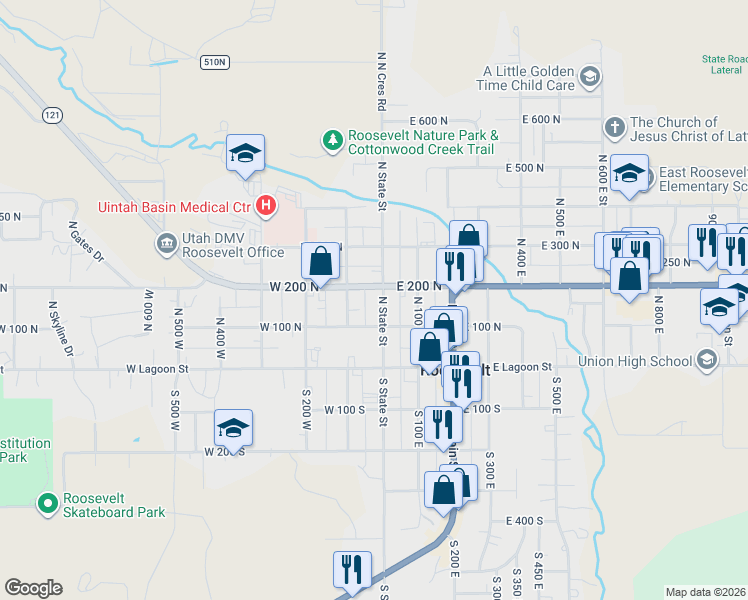 map of restaurants, bars, coffee shops, grocery stores, and more near 169 North State Street in Roosevelt