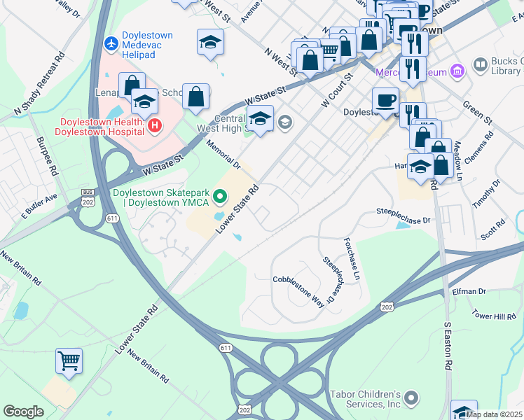 map of restaurants, bars, coffee shops, grocery stores, and more near 12-9 Aspen Way in Doylestown