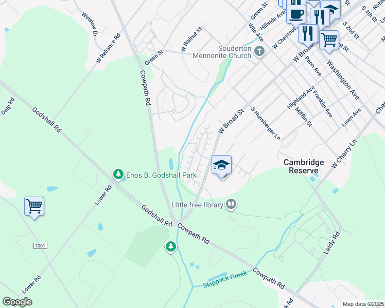 map of restaurants, bars, coffee shops, grocery stores, and more near 141 Farrington Lane in Souderton