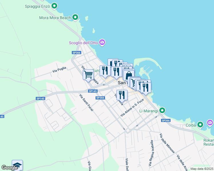 map of restaurants, bars, coffee shops, grocery stores, and more near Strada Provinciale 145 in San Foca