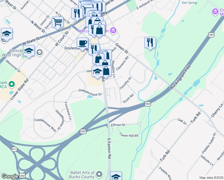 map of restaurants, bars, coffee shops, grocery stores, and more near 403 South Main Street in Doylestown