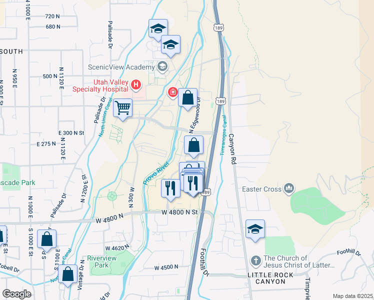 map of restaurants, bars, coffee shops, grocery stores, and more near 155 North River Park Way in Provo