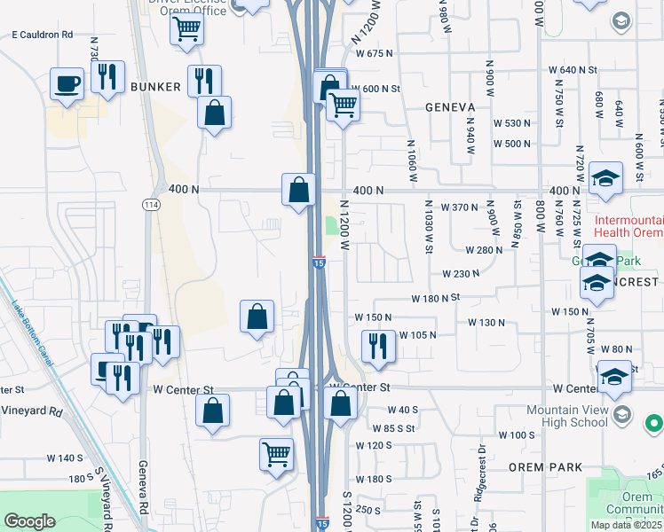 map of restaurants, bars, coffee shops, grocery stores, and more near 255 1200 West in Orem