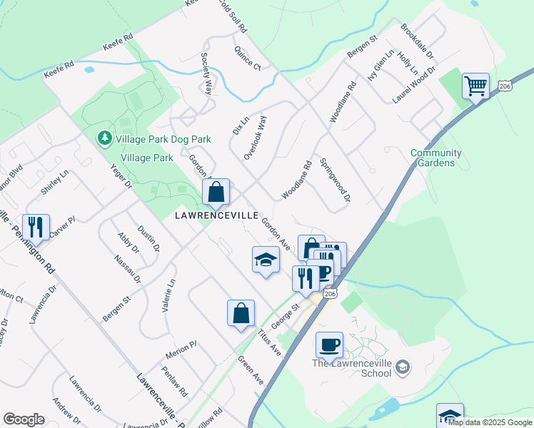 map of restaurants, bars, coffee shops, grocery stores, and more near 7 Woodlane Road in Lawrence Township