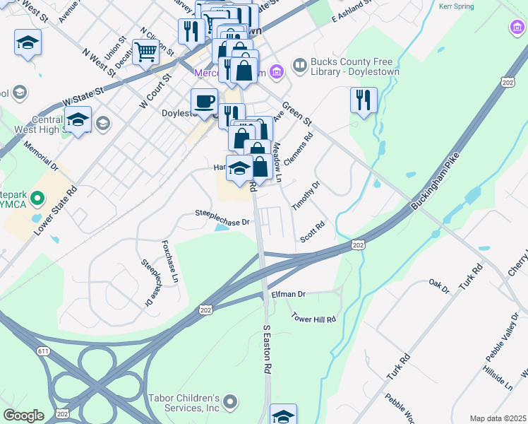 map of restaurants, bars, coffee shops, grocery stores, and more near 35 Meadow Lane in Doylestown