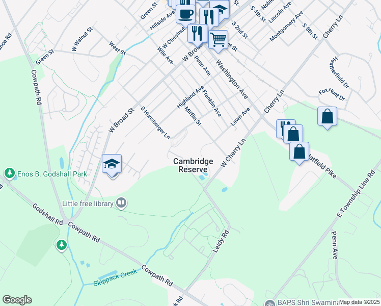 map of restaurants, bars, coffee shops, grocery stores, and more near 210 Yale Court in Souderton