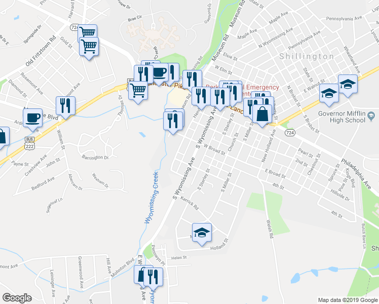 map of restaurants, bars, coffee shops, grocery stores, and more near 208 South Wyomissing Avenue in Shillington