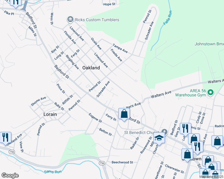 map of restaurants, bars, coffee shops, grocery stores, and more near 1913-15 Young Street in Johnstown