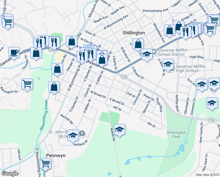 map of restaurants, bars, coffee shops, grocery stores, and more near 6 Washington Street in Shillington
