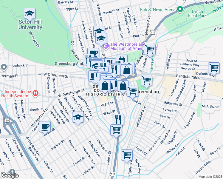 map of restaurants, bars, coffee shops, grocery stores, and more near 131 South Main Street in Greensburg
