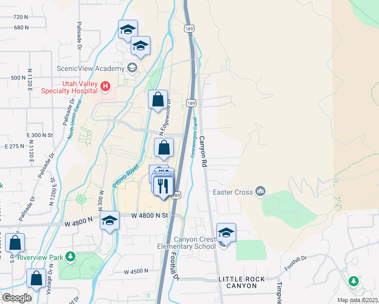 map of restaurants, bars, coffee shops, grocery stores, and more near 5176 North University Avenue in Provo