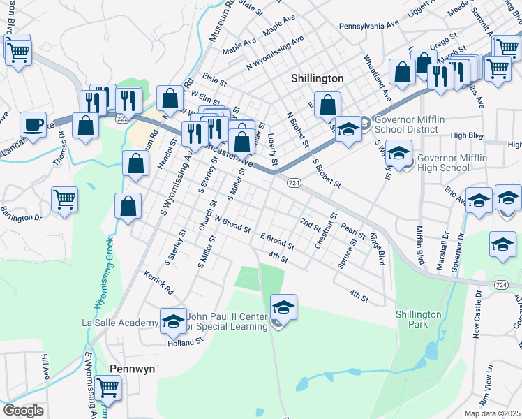 map of restaurants, bars, coffee shops, grocery stores, and more near 6 Washington Street in Shillington
