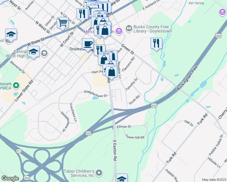 map of restaurants, bars, coffee shops, grocery stores, and more near 35 Meadow Lane in Doylestown