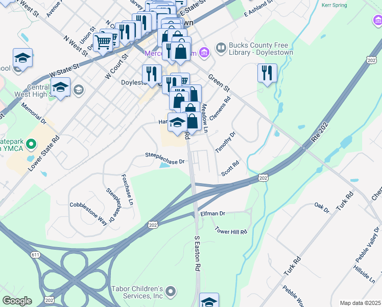 map of restaurants, bars, coffee shops, grocery stores, and more near 403 South Main Street in Doylestown