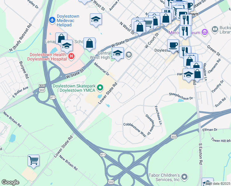map of restaurants, bars, coffee shops, grocery stores, and more near 10-2 Aspen Way in Doylestown