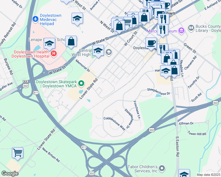 map of restaurants, bars, coffee shops, grocery stores, and more near 5-10 Aspen Way in Doylestown